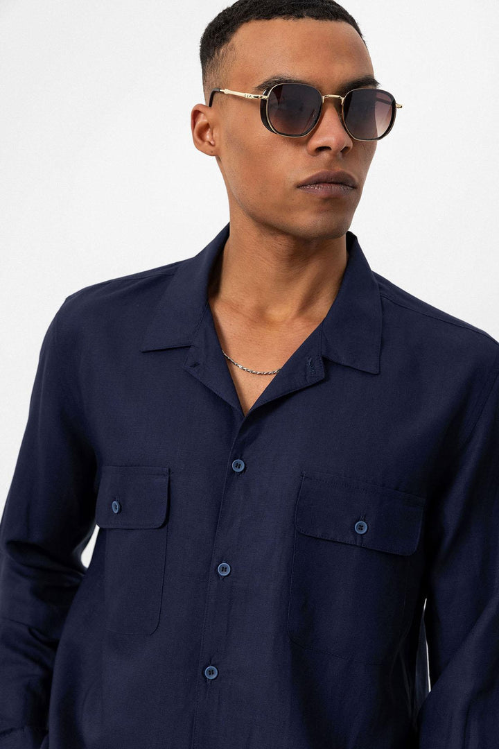 Men's Navy Blue Camp Collar Linen Blend Long-Sleeve Shirt - Wessi