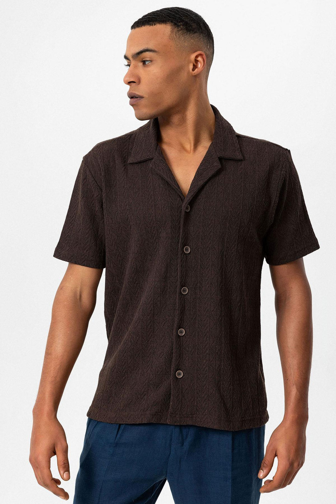 Chemise Homme Marron à Motif Tricoté Col Camp - Wessi