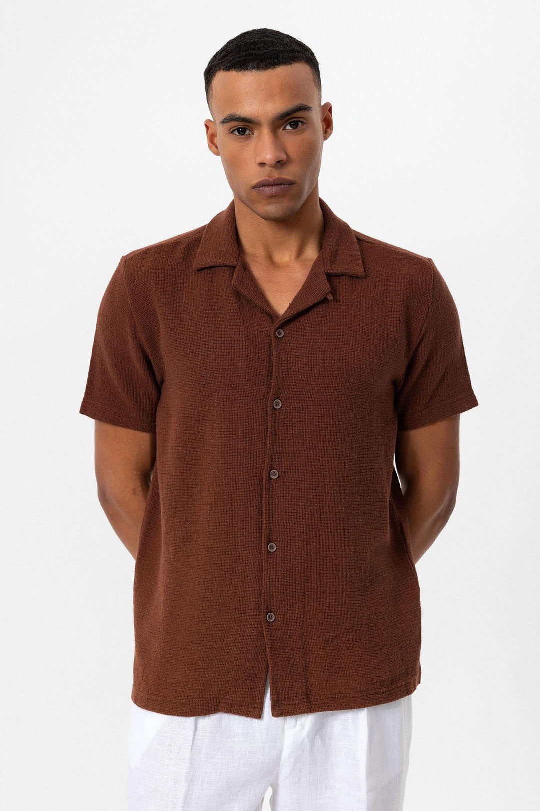 Chemise Col Camp Texturé Tricot Marron Homme - Wessi