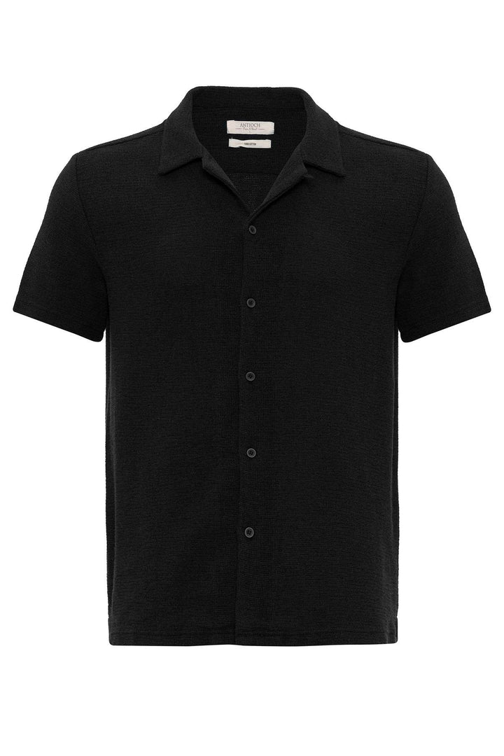 Camisa de hombre con cuello camp texturizado de punto negro - Wessi