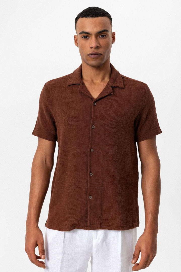 Chemise Col Camp Texturé Tricot Marron Homme - Wessi