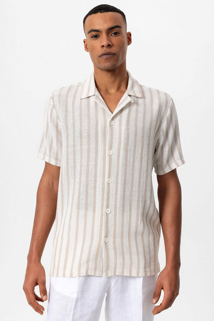 Chemise à manches courtes en tricot beige à col camp pour hommes - Wessi