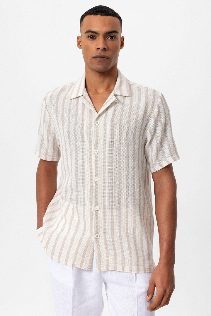 Chemise à manches courtes en tricot beige à col camp pour hommes - Wessi