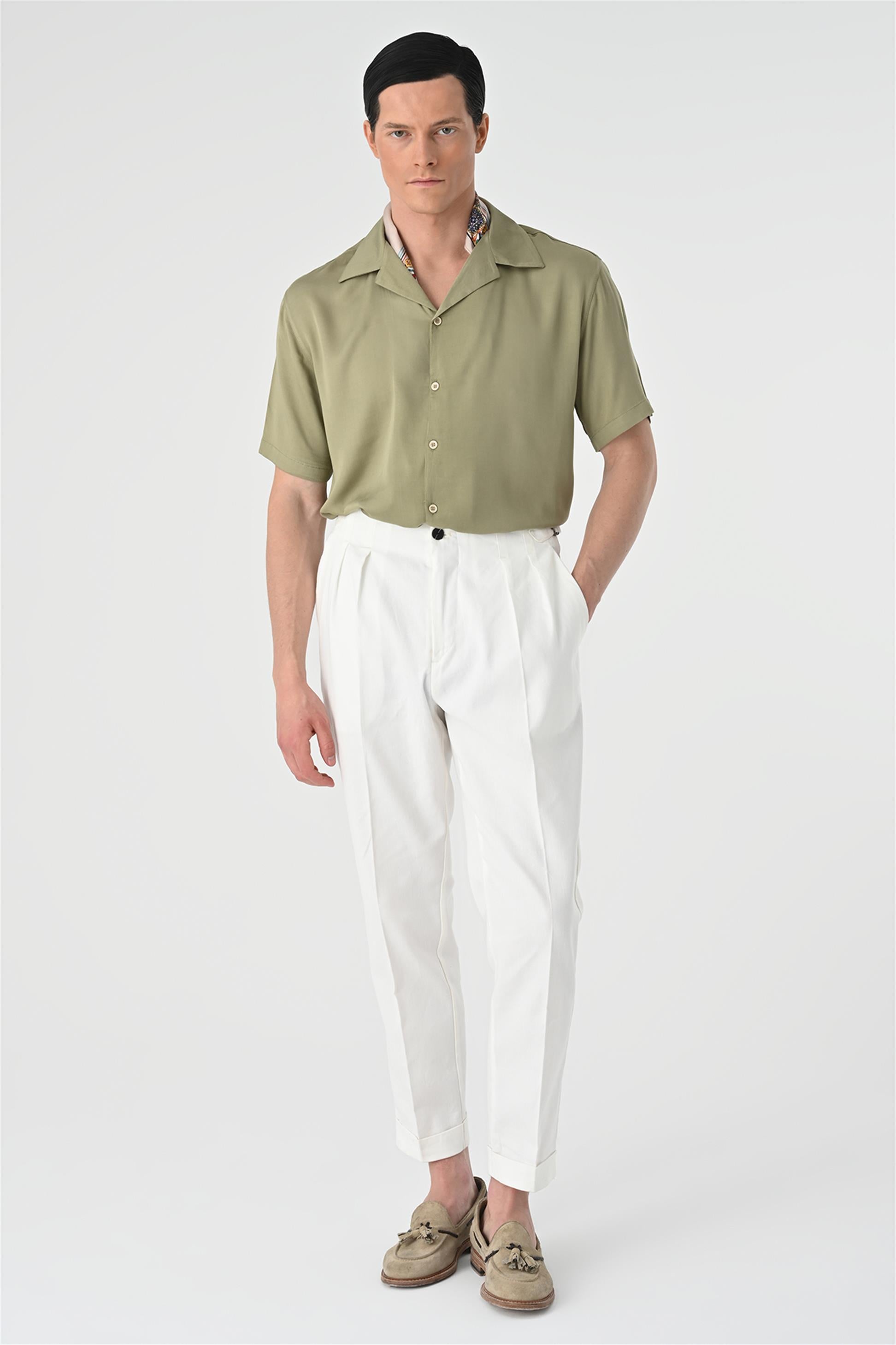 Men's Khaki Open Collar Oversized Short Sleeve Shirt - Wessi