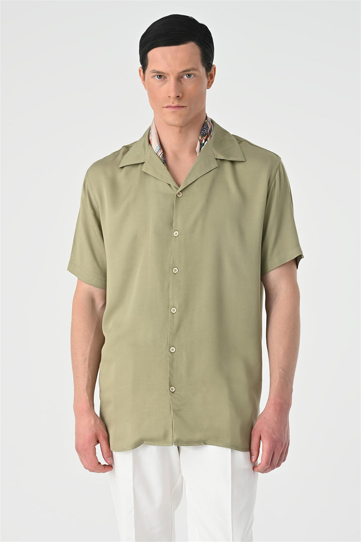 Men's Khaki Open Collar Oversized Short Sleeve Shirt - Wessi