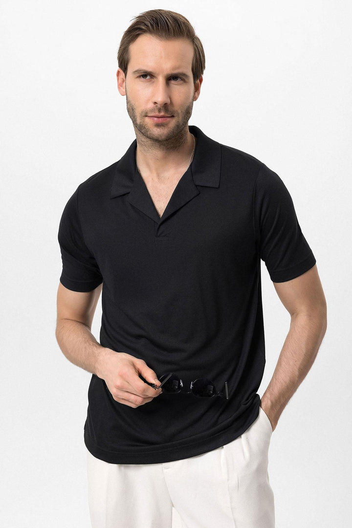 Men's Black Camp Collar Regular Fit  T-Shirt - Wessi