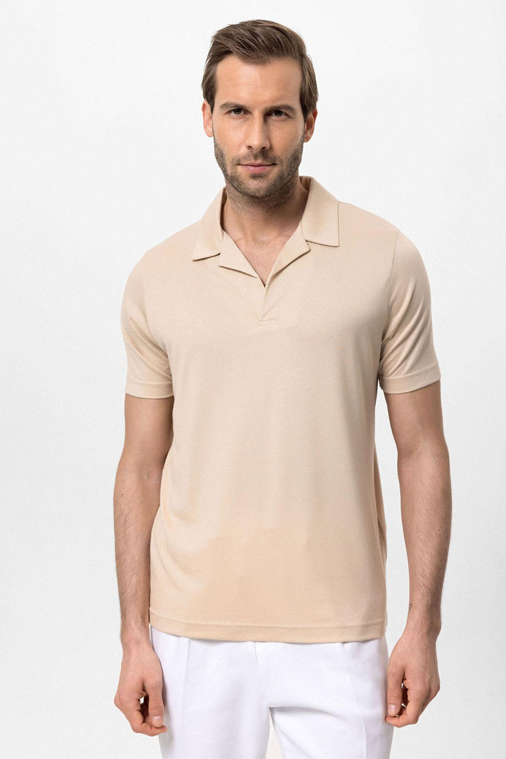 Men's Beige Camp Collar Regular Fit  T-Shirt - Wessi