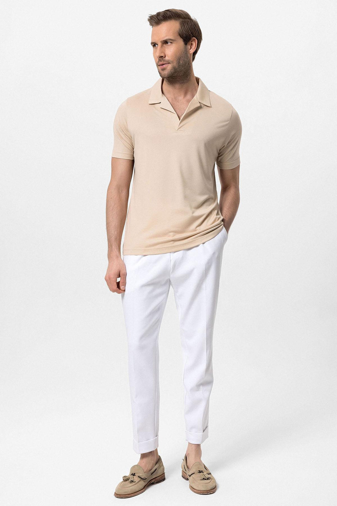 Men's Beige Camp Collar Regular Fit  T-Shirt - Wessi