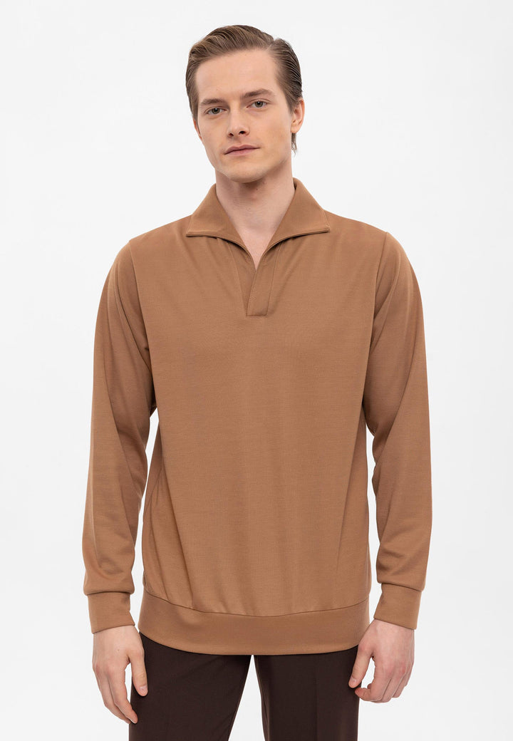 Pull à manches longues coupe régulière à col camp beige pour hommes - Wessi