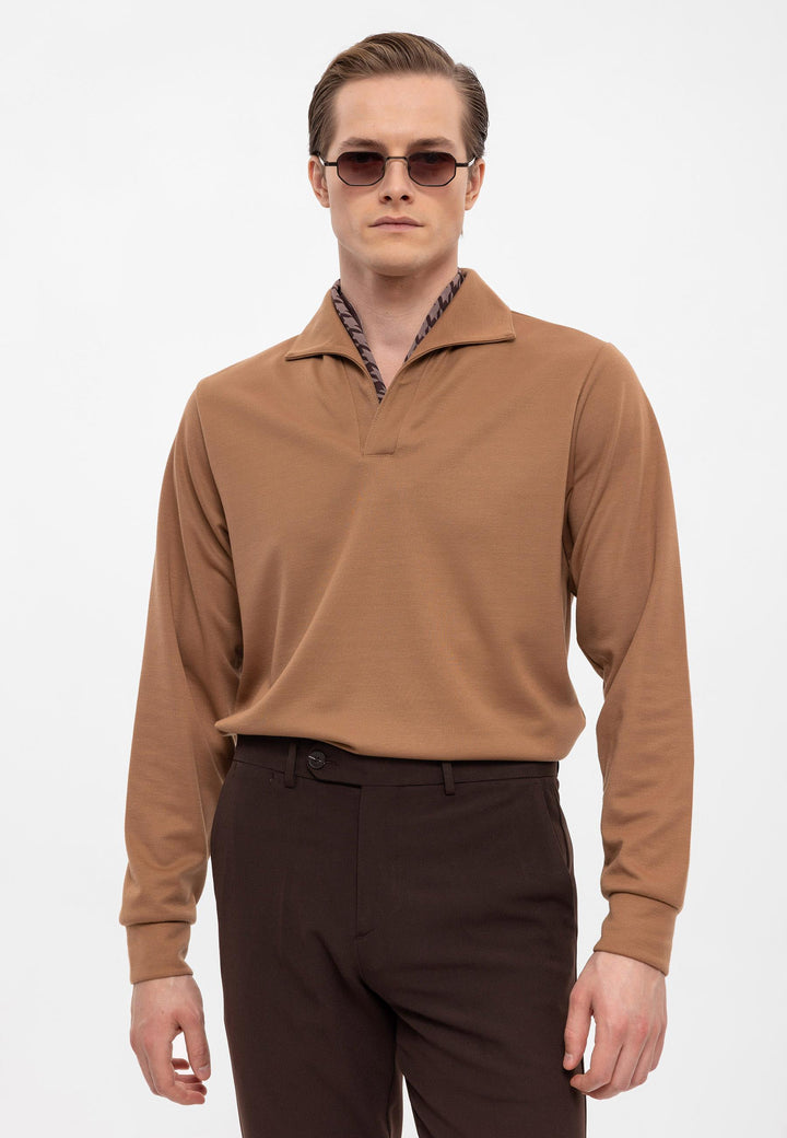 Pull à manches longues coupe régulière à col camp beige pour hommes - Wessi