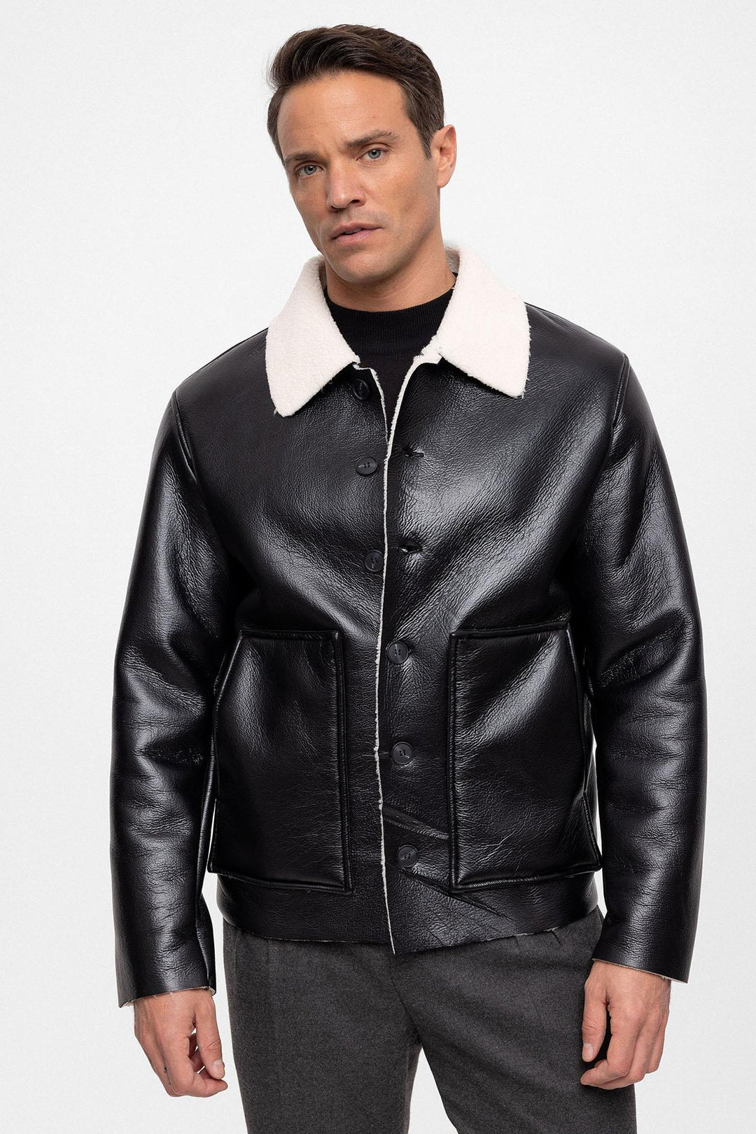 Men's Black/Ecru Lining Detailed Faux Leather  Coat - Wessi