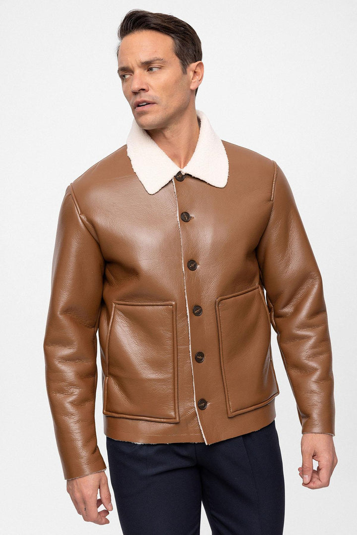 Men's Camel Lining Detailed Faux Leather  Coat - Wessi