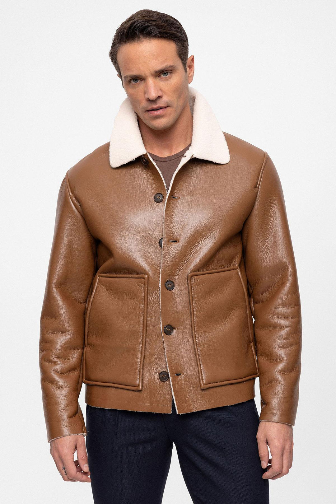 Men's Camel Lining Detailed Faux Leather  Coat - Wessi