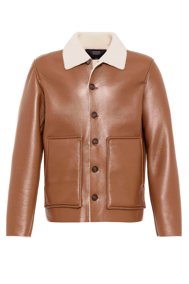 Men's Camel Lining Detailed Faux Leather  Coat - Wessi