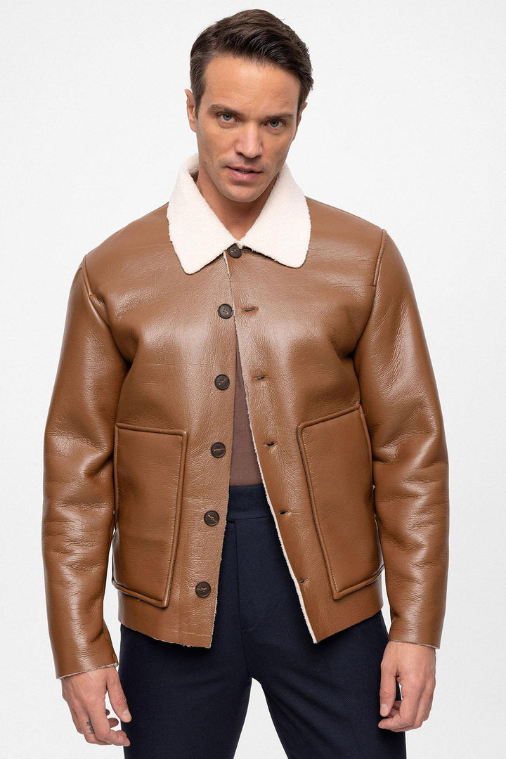 Men's Camel Lining Detailed Faux Leather  Coat - Wessi