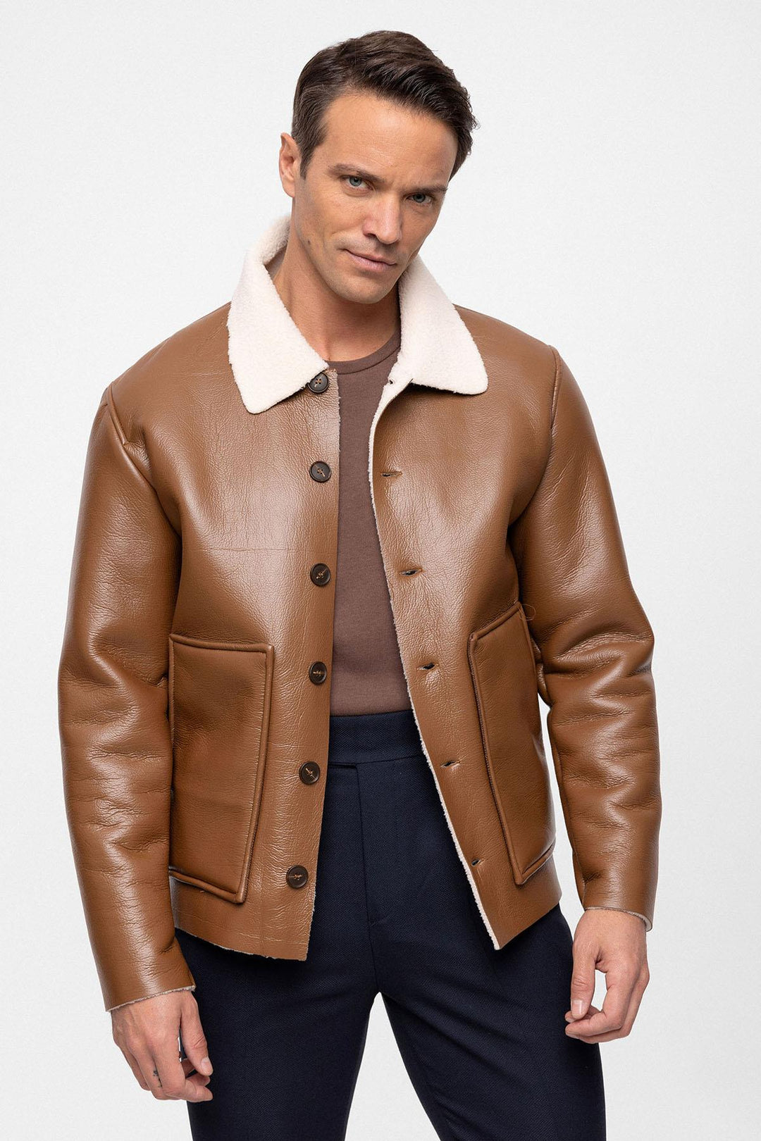 Men's Camel Lining Detailed Faux Leather  Coat - Wessi