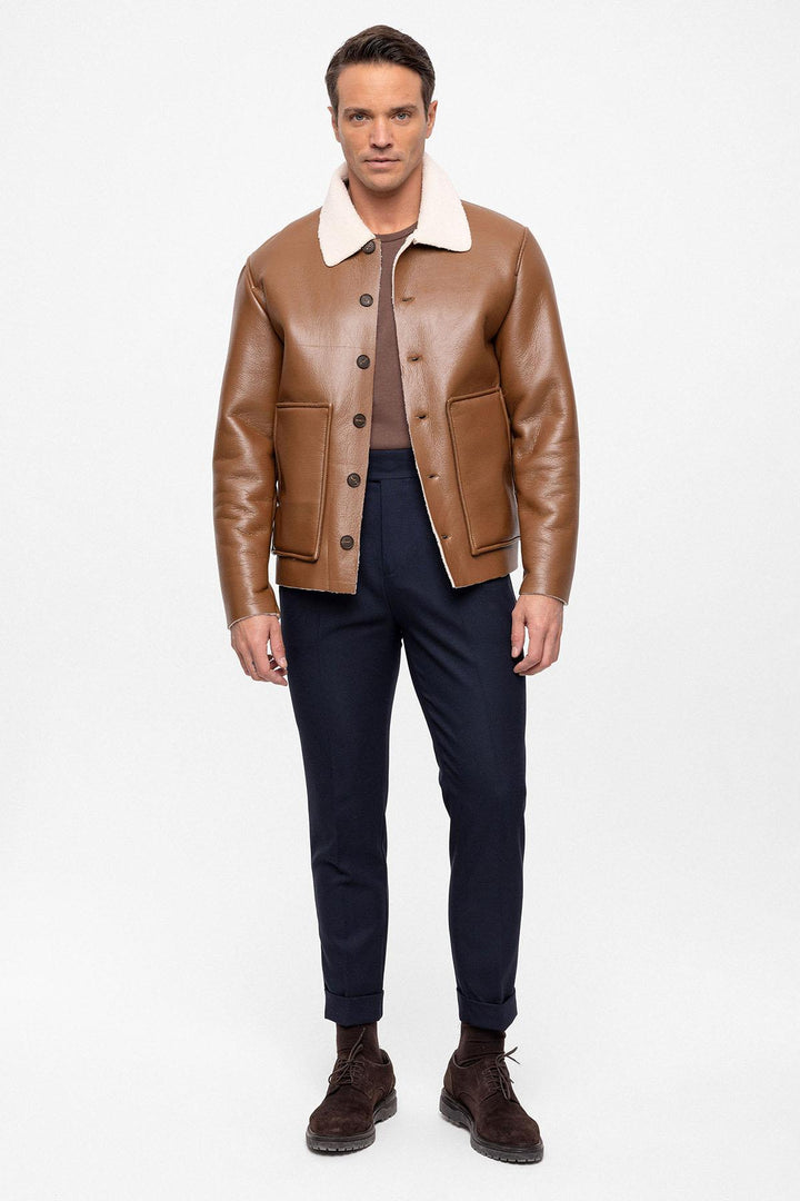 Men's Camel Lining Detailed Faux Leather  Coat - Wessi