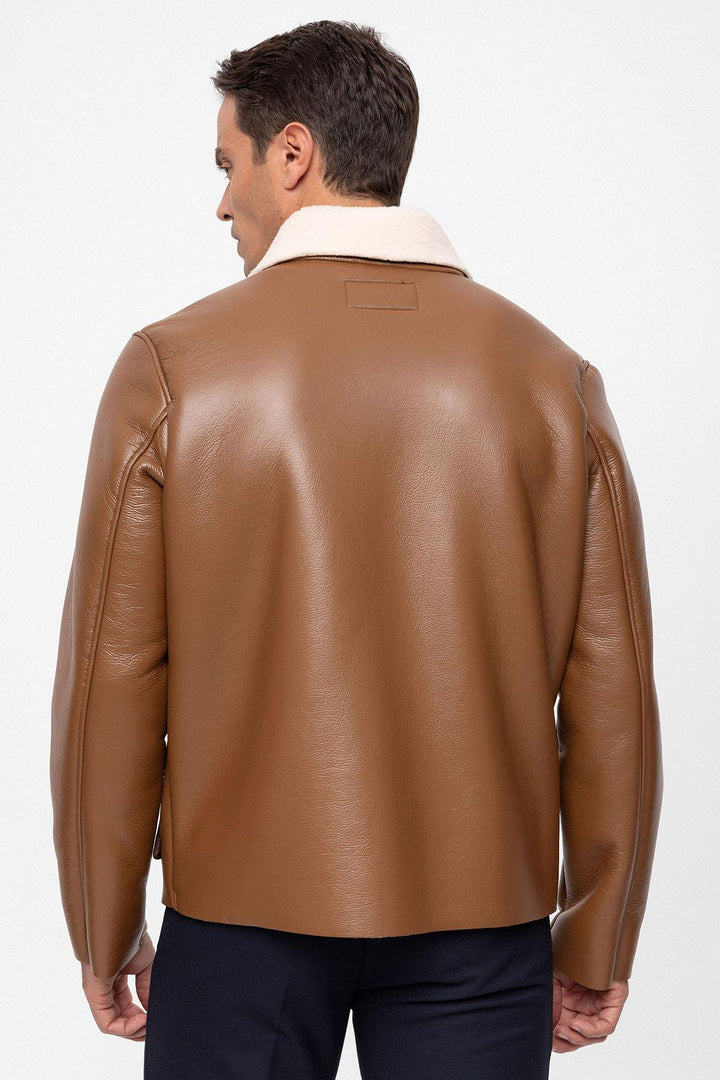 Men's Camel Lining Detailed Faux Leather  Coat - Wessi