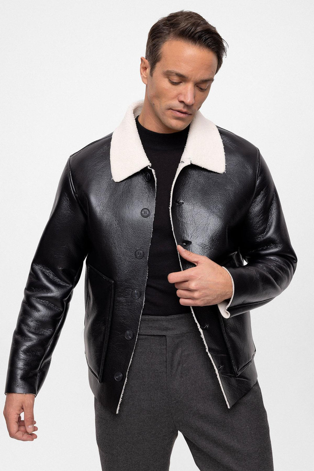 Men's Black/Ecru Lining Detailed Faux Leather  Coat - Wessi