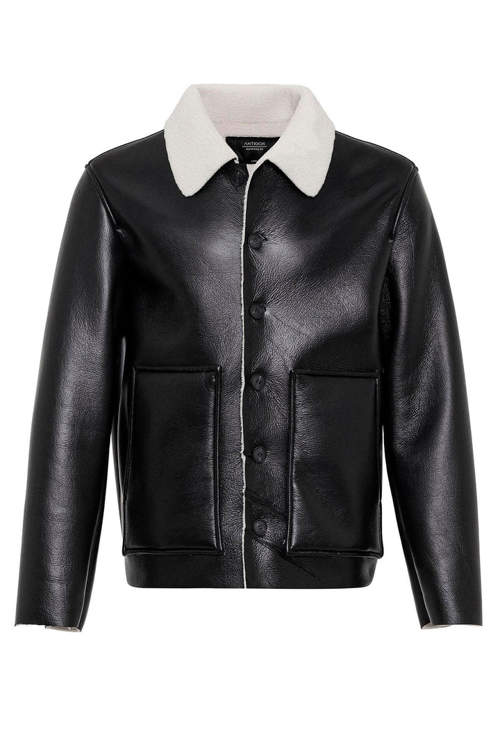 Men's Black/Ecru Lining Detailed Faux Leather  Coat - Wessi