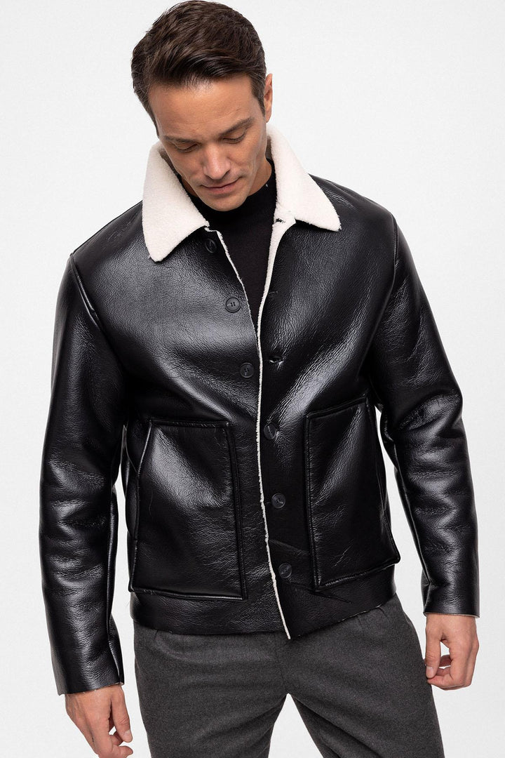 Men's Black/Ecru Lining Detailed Faux Leather  Coat - Wessi