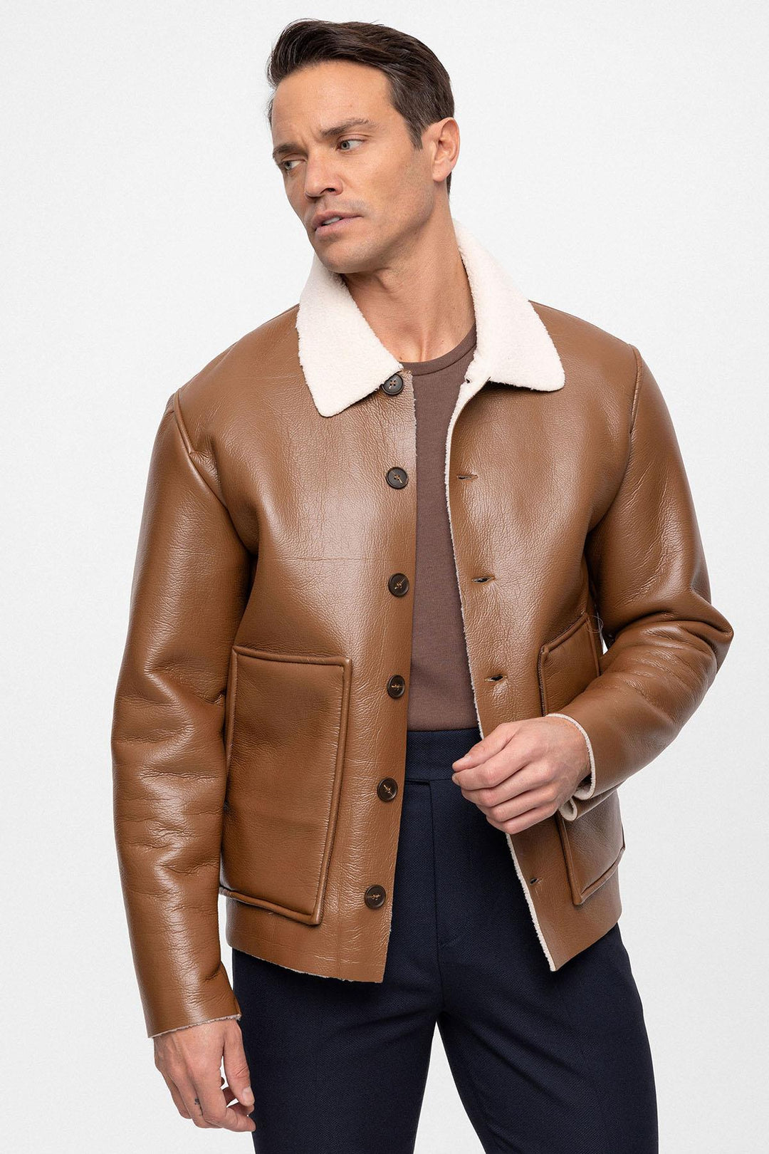 Men's Camel Lining Detailed Faux Leather  Coat - Wessi