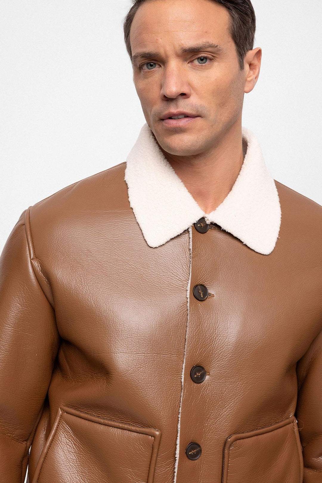 Men's Camel Lining Detailed Faux Leather  Coat - Wessi