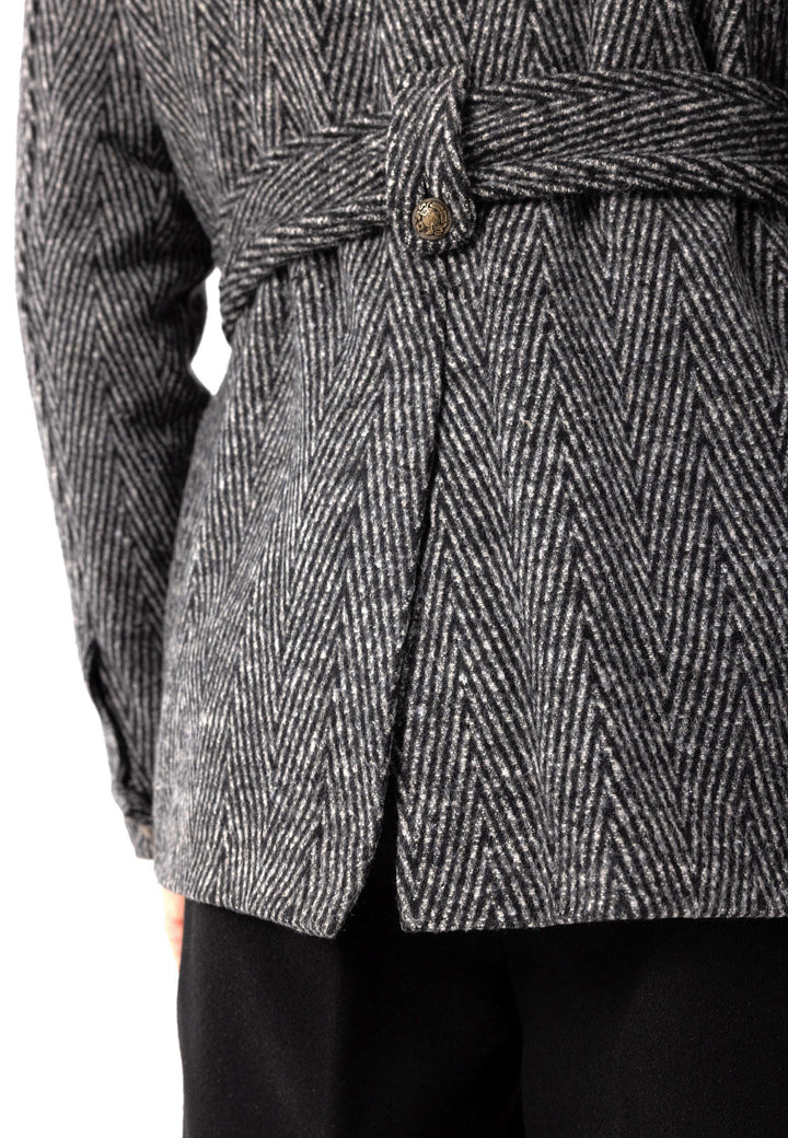 Men's Anthracite Herringbone Patterned Belted  Coat - Wessi