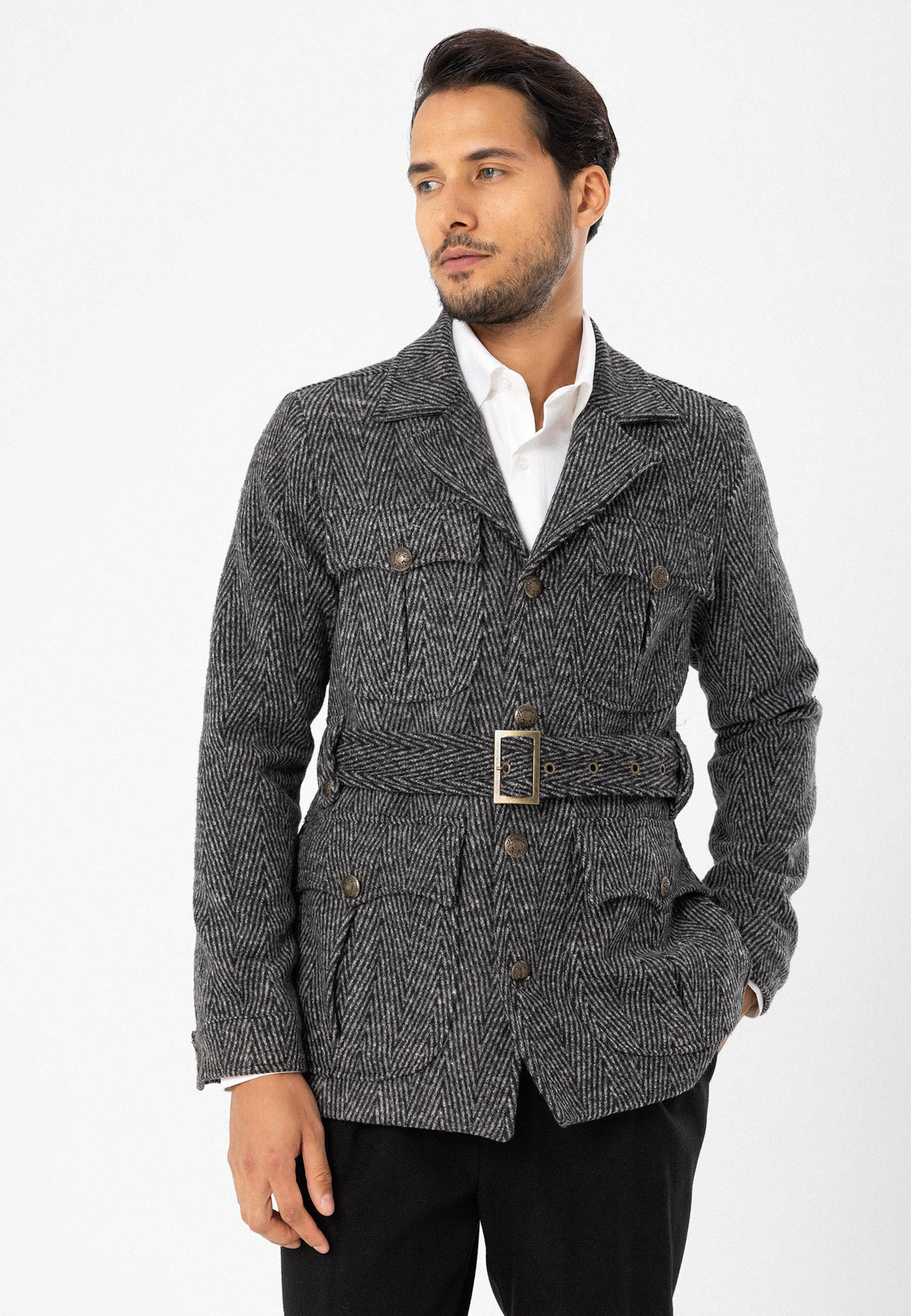 Men's Anthracite Herringbone Patterned Belted  Coat - Wessi