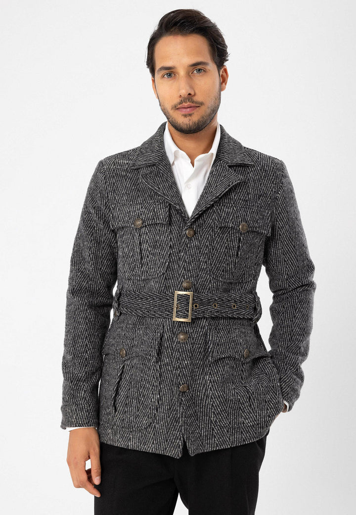 Men's Anthracite Herringbone Patterned Belted  Coat - Wessi