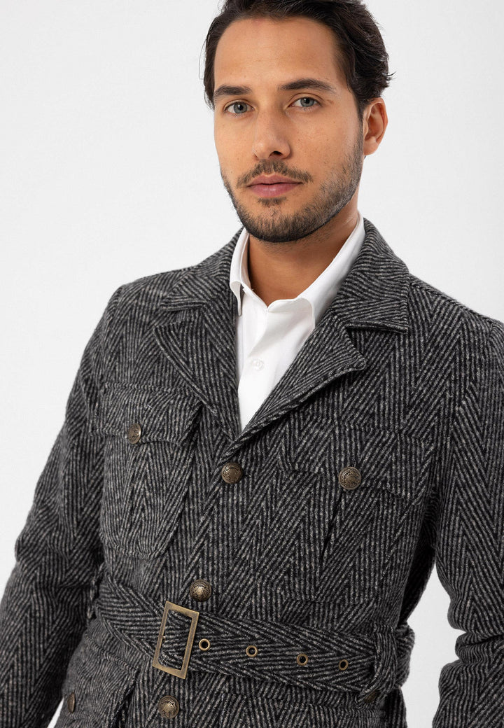 Men's Anthracite Herringbone Patterned Belted  Coat - Wessi