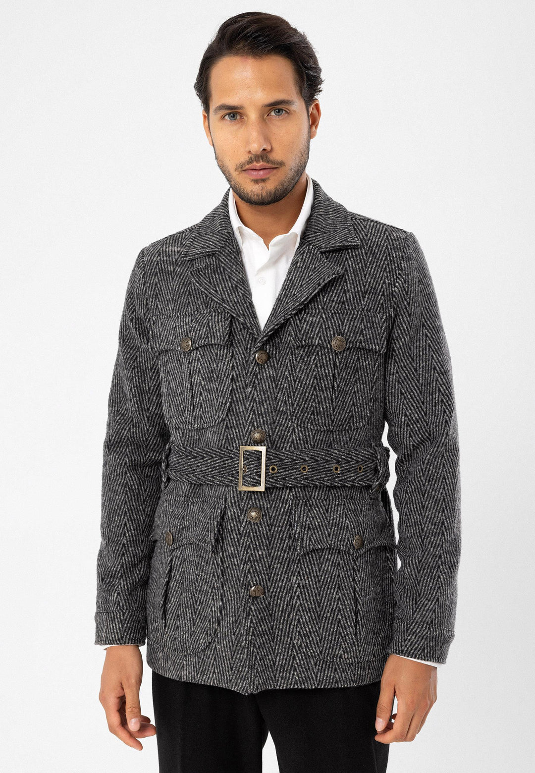 Men's Anthracite Herringbone Patterned Belted  Coat - Wessi