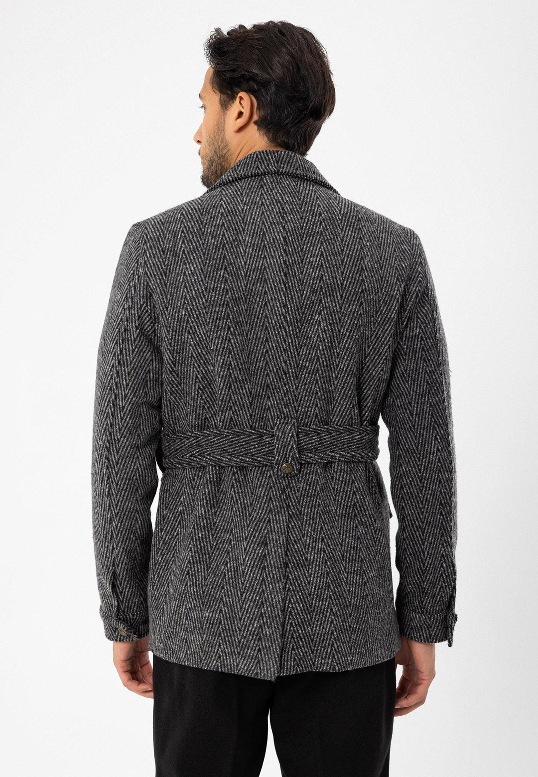 Men's Anthracite Herringbone Patterned Belted  Coat - Wessi