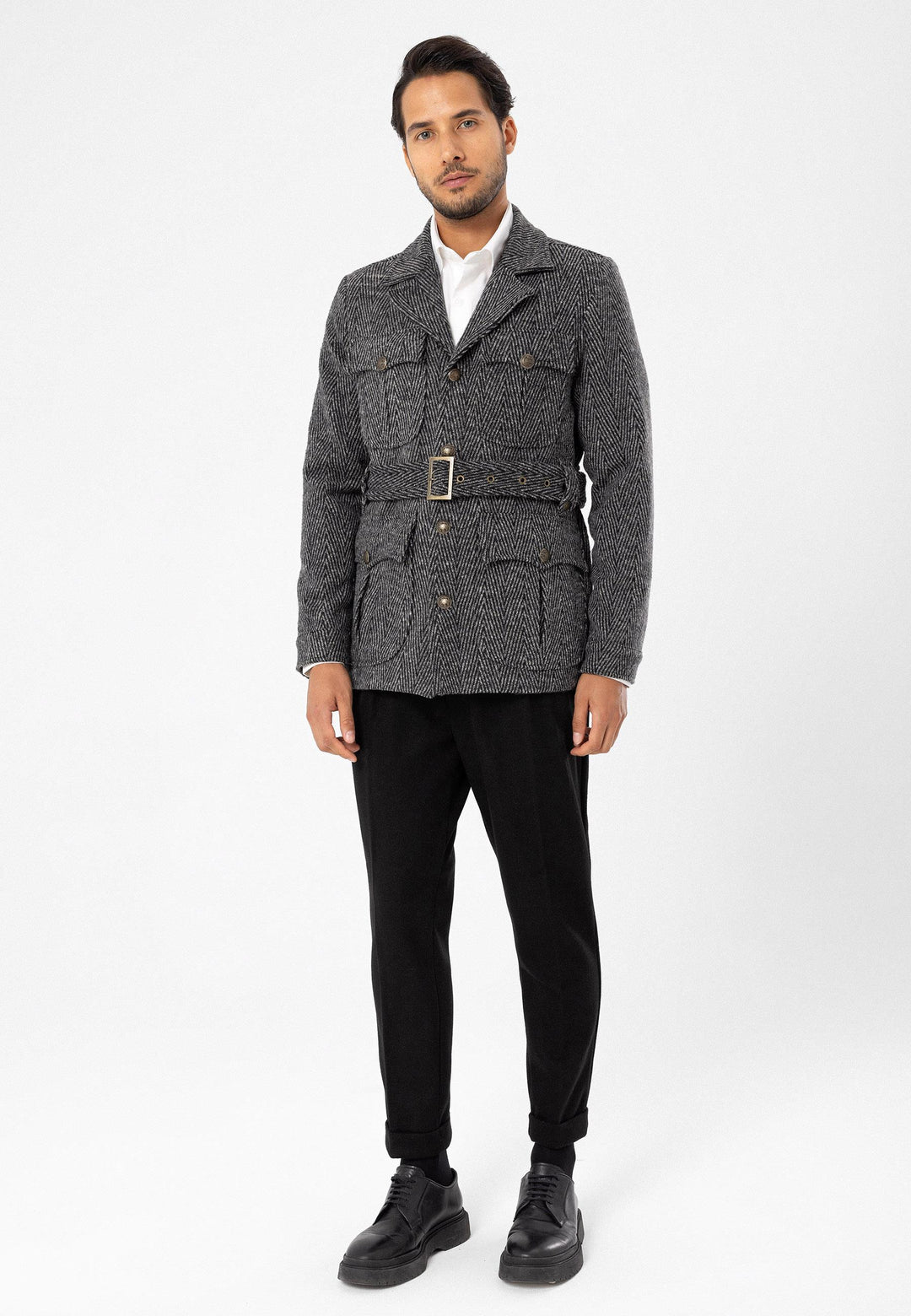 Men's Anthracite Herringbone Patterned Belted  Coat - Wessi