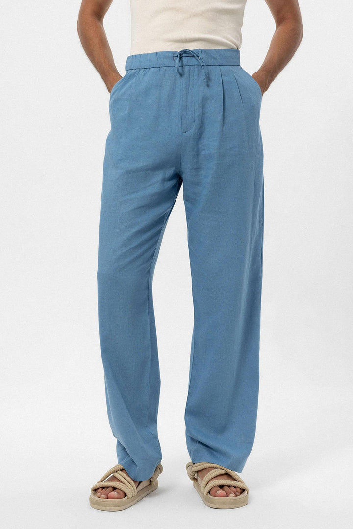 Men's Baby Blue Belted Linen Blend Pants - Wessi