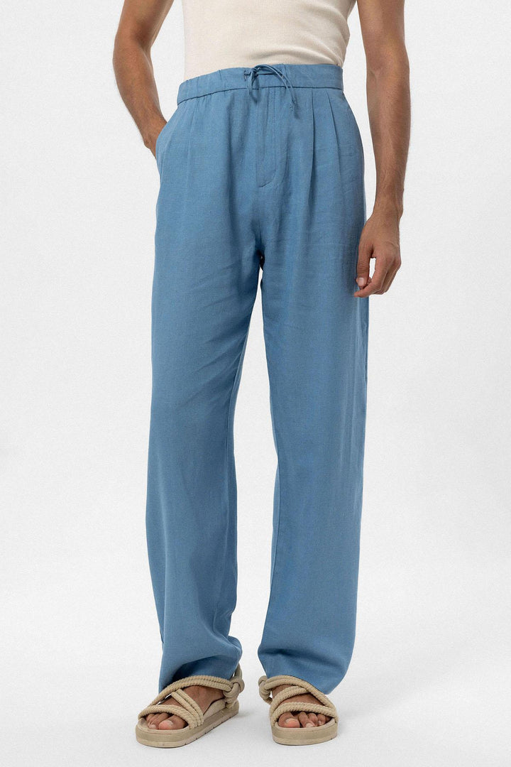 Men's Baby Blue Belted Linen Blend Pants - Wessi