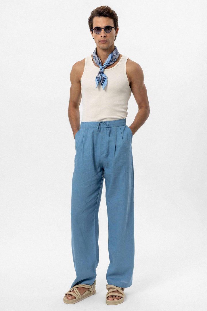 Men's Baby Blue Belted Linen Blend Pants - Wessi