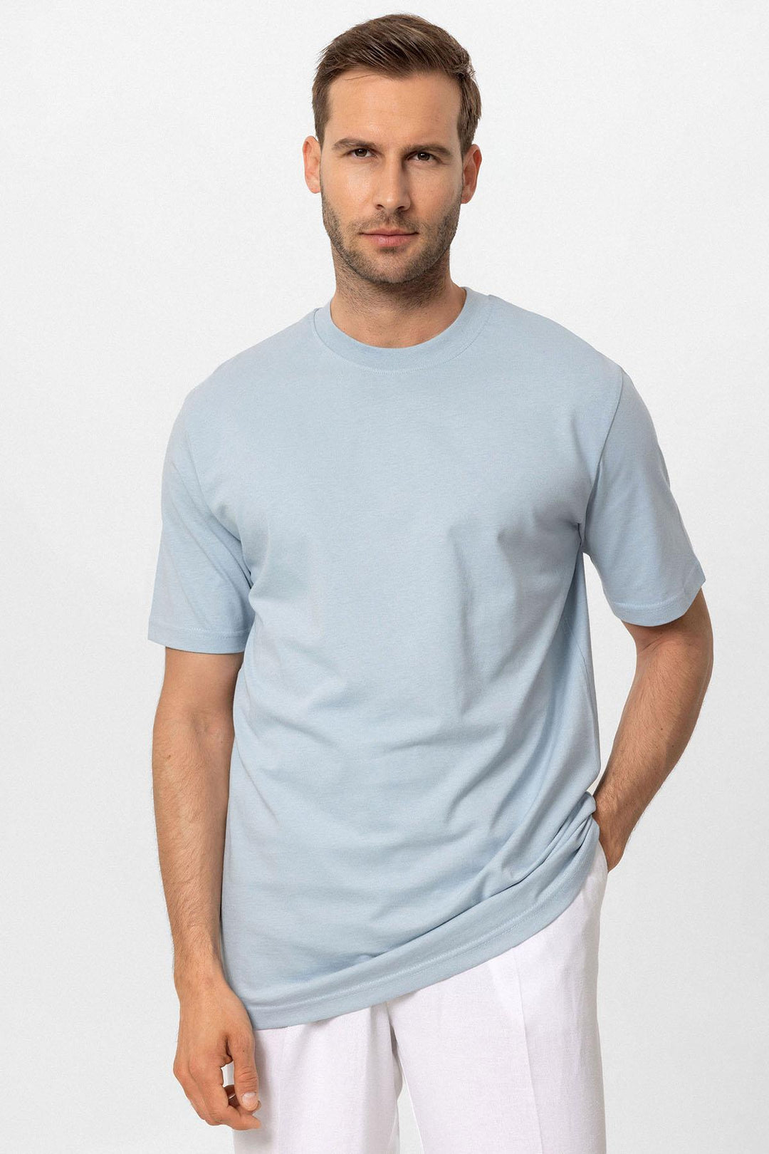 Men's Baby Blue Crew Neck Basic T-Shirt - Wessi