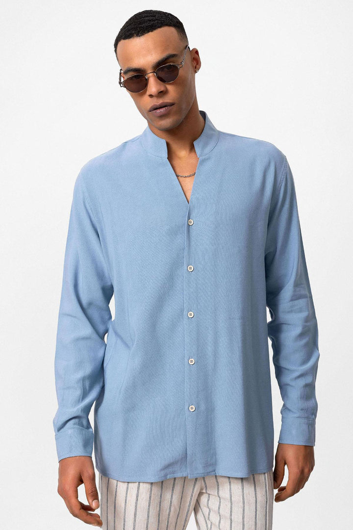 Chemise Homme Bleu Bébé Col Montant Manches Longues - Wessi