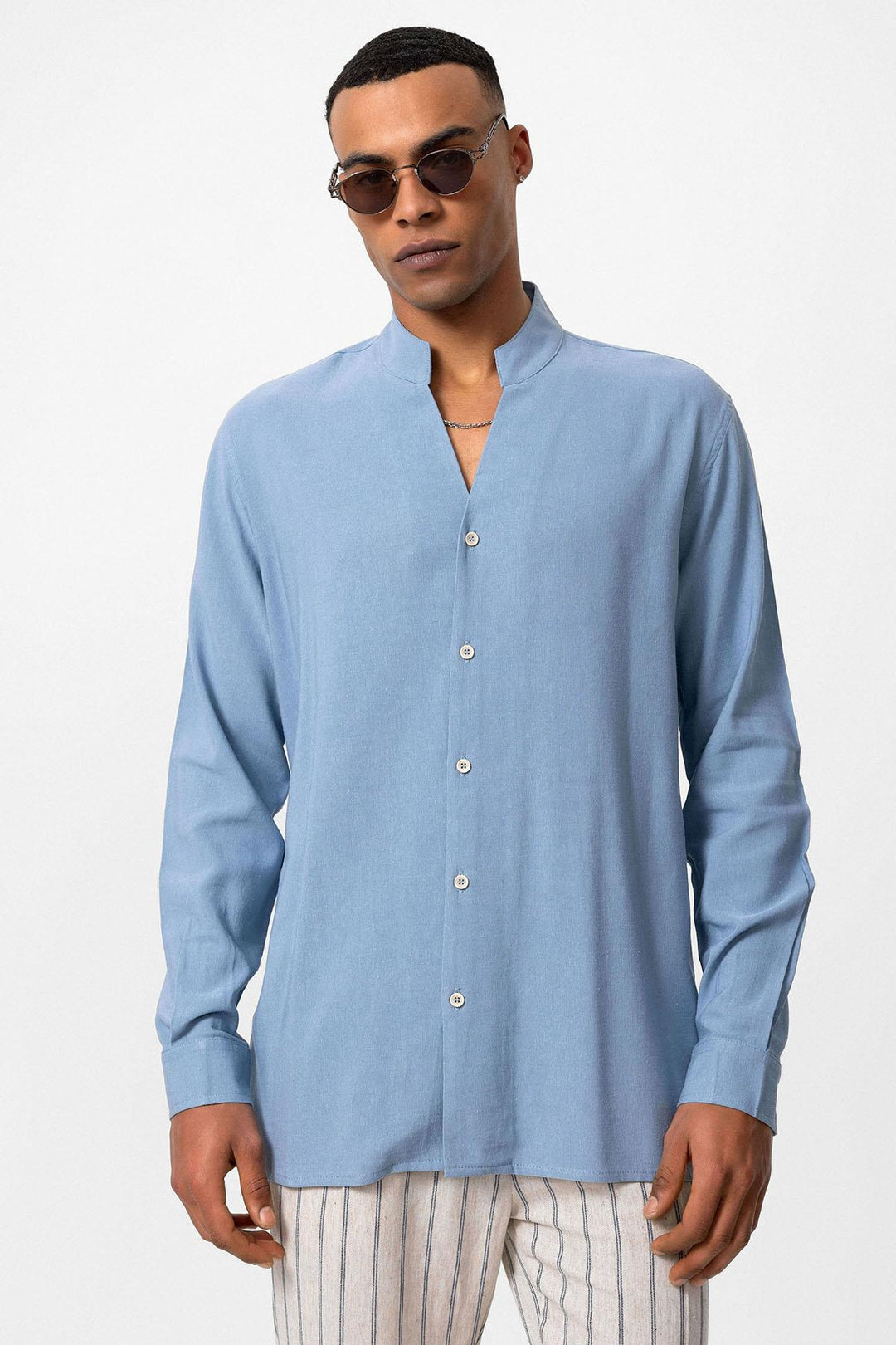 Chemise Homme Bleu Bébé Col Montant Manches Longues - Wessi