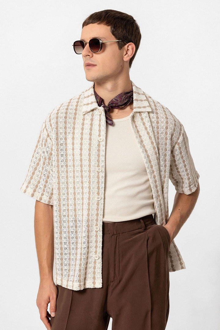 Chemise à manches courtes en tricot rayé beige pour homme - Wessi