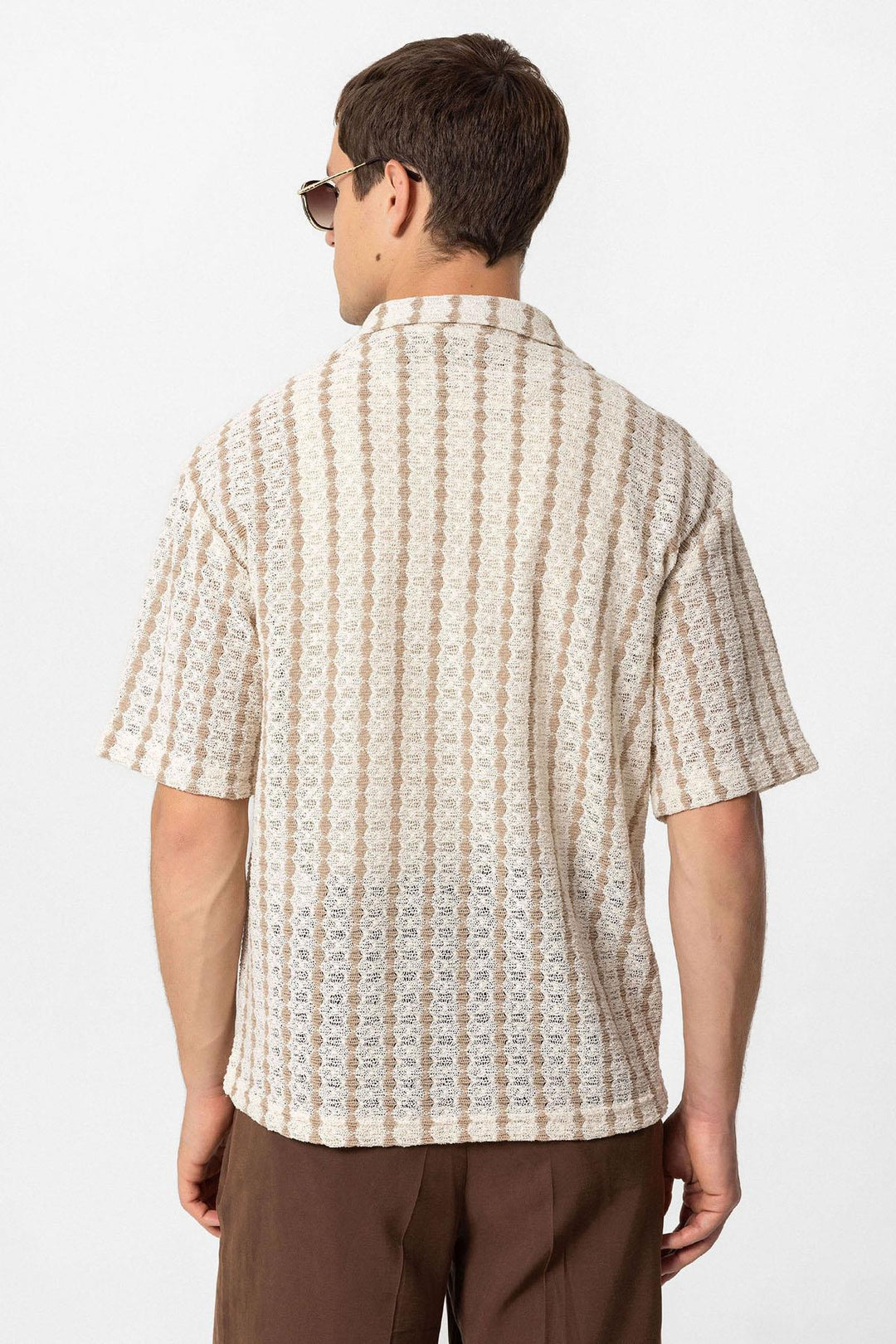 Chemise à manches courtes en tricot rayé beige pour homme - Wessi