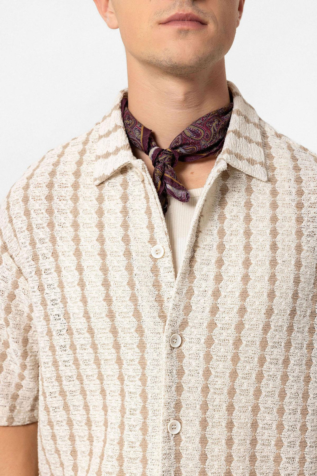 Chemise à manches courtes en tricot rayé beige pour homme - Wessi