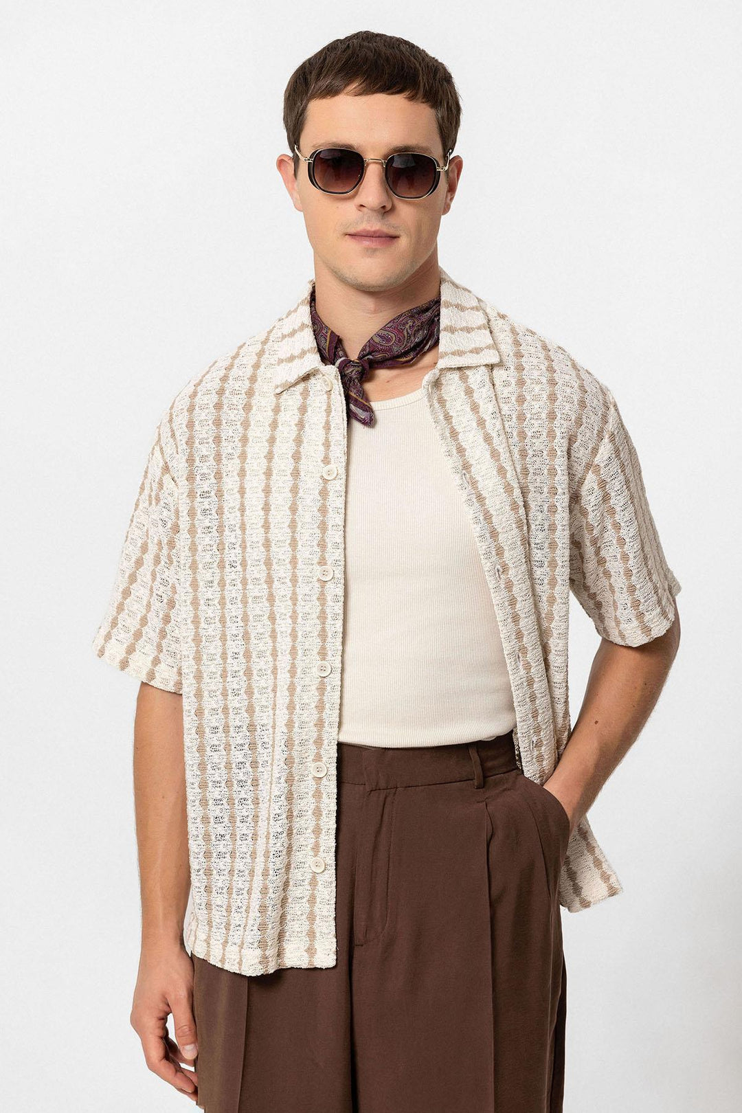 Chemise à manches courtes en tricot rayé beige pour homme - Wessi