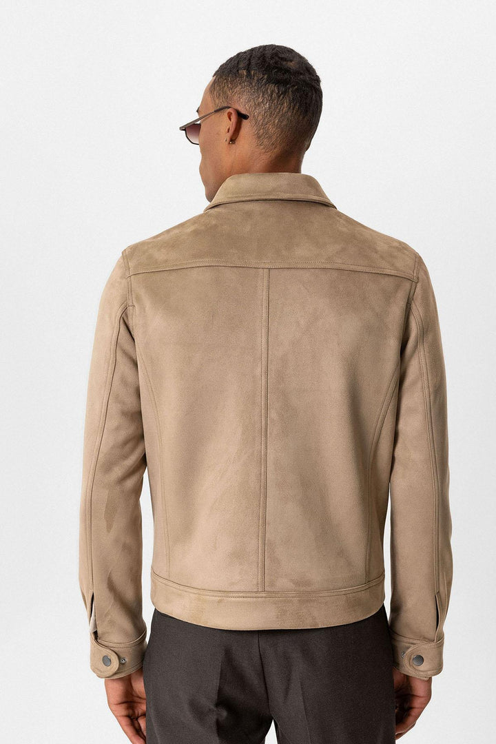 Beige Crop Fit Suede Men's Jackets - Wessi