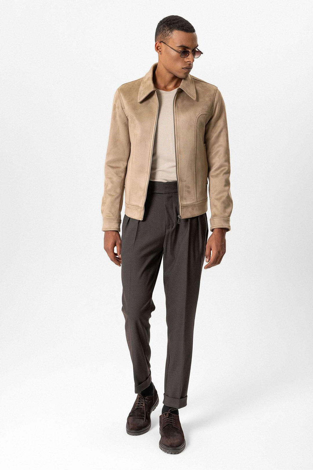 Beige Crop Fit Suede Men's Jackets - Wessi