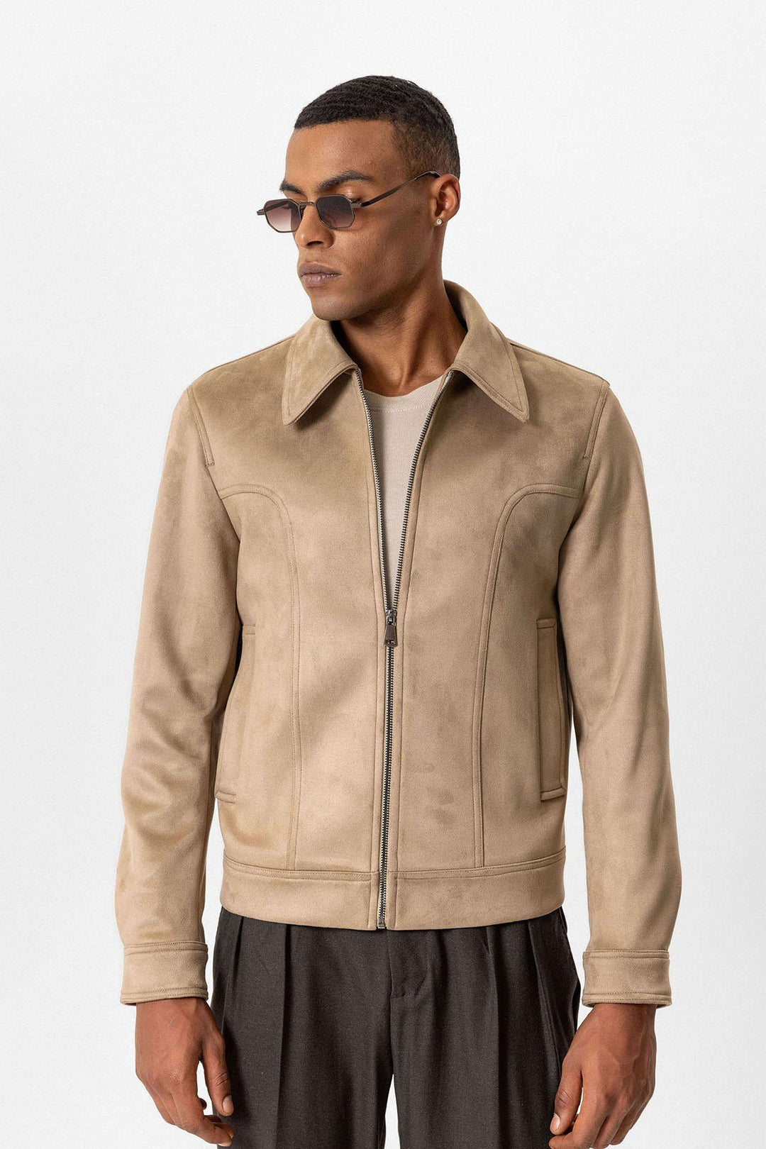 Beige Crop Fit Suede Men's Jackets - Wessi