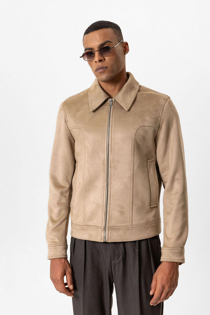 Beige Crop Fit Suede Men's Jackets - Wessi