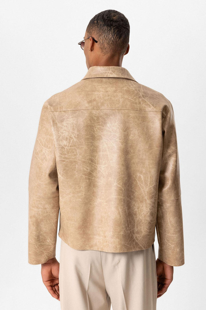 Beige Crop Fit Faux Leather Men's Jacket - Wessi