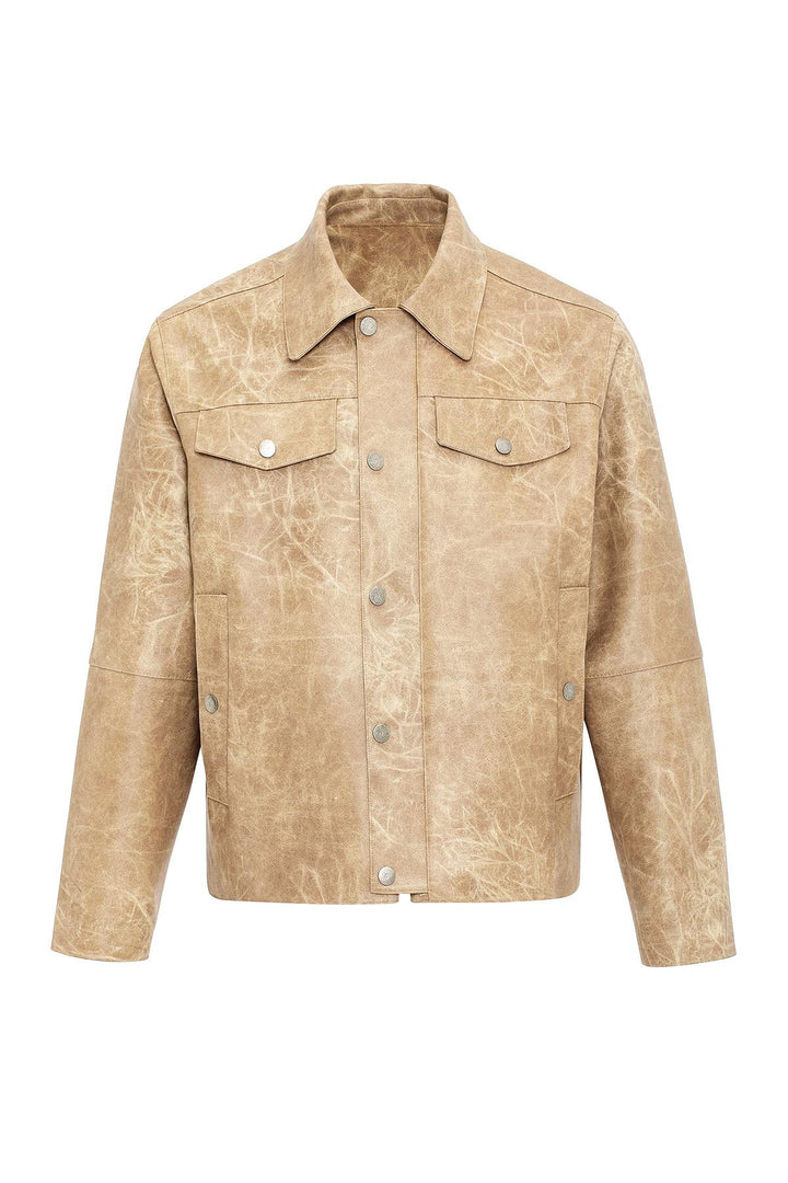 Beige Crop Fit Faux Leather Men's Jacket - Wessi